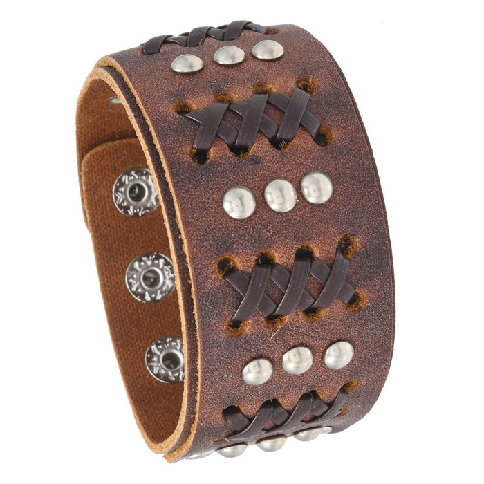 Vintage Rivet Leather Cuff Bracelet For Men, Punk Wide Braided Cowhide Wristband Jewelry Open Bangle