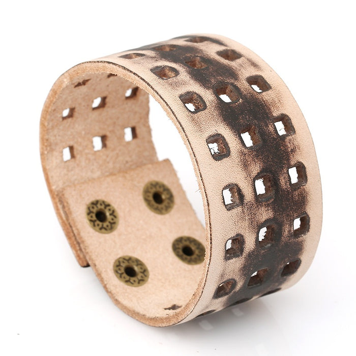 Punk Vintage Cowhide Leather Bracelet For Men, Wide Genuine Leather Bangle Wristband Jewelry