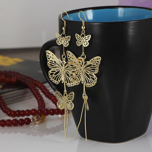 Elegant Silver Alloy Hollow Butterfly Tassel Drop Dangle Statement Fashion Jewelry Earrings