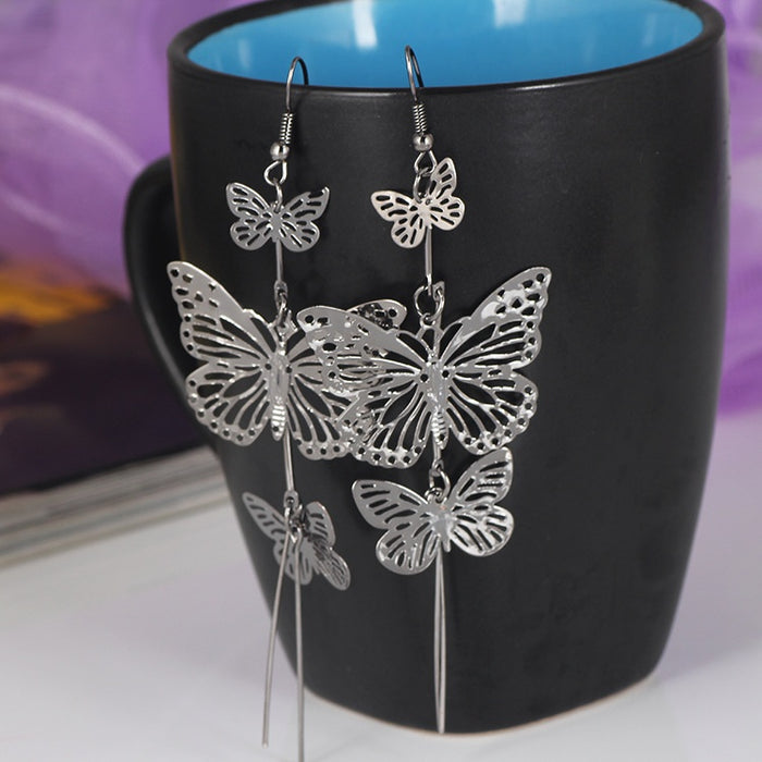 Elegant Silver Alloy Hollow Butterfly Tassel Drop Dangle Statement Fashion Jewelry Earrings