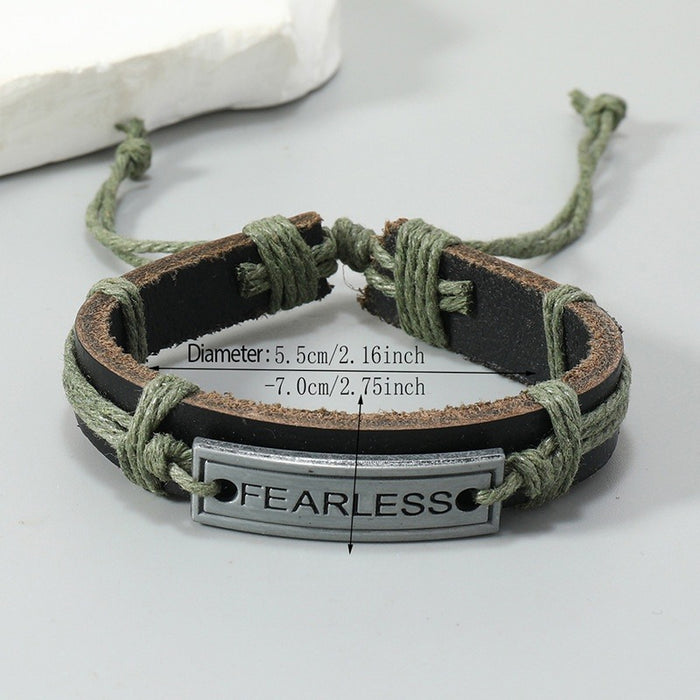 Vintage Alloy Fearless Charm Handmade Braided Cowhide Leather Adjustable Mens Bracelet