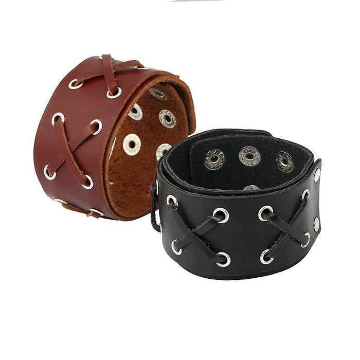 Vintage Punk Braided Cowhide Leather Bracelet With Rivets, Genuine Leather Wristband
