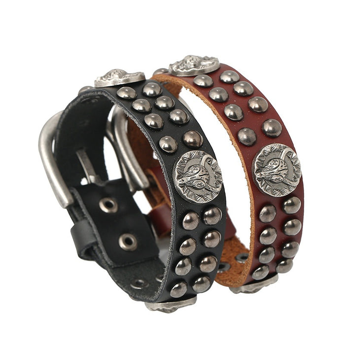 Vintage Punk Genuine Cowhide Leather Bracelet With Rivets, Men's Studded Leather Wristband