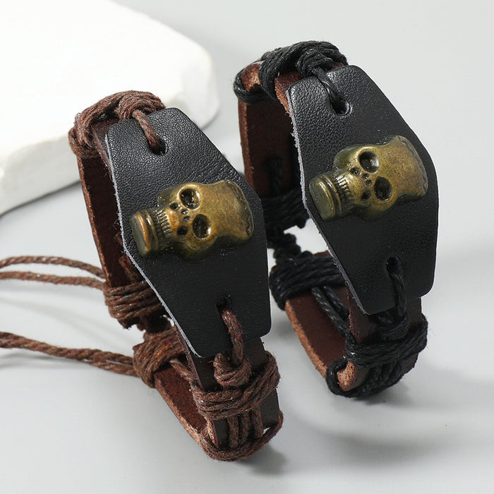 Simple Handmade Braided Leather Mens Bracelet With Skull Head Halloween Theme Jewelry