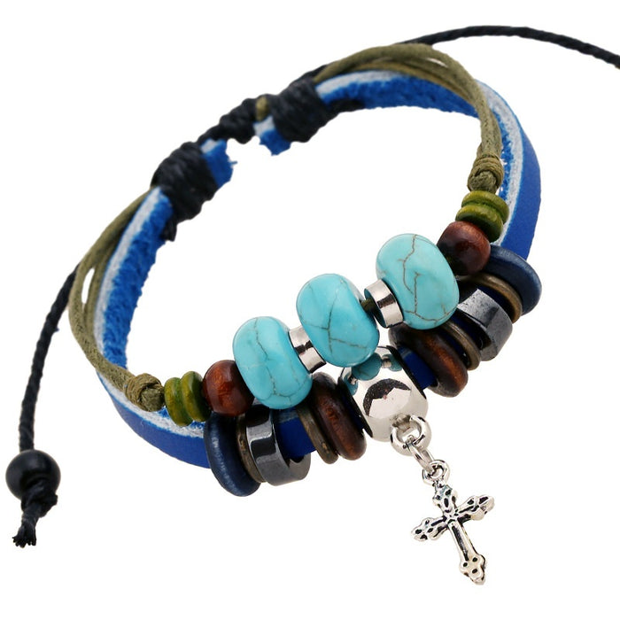 Vintage Handmade Cowhide Beaded Bracelet For Men, Ethnic Leather Bead Wrist Rope Bangle