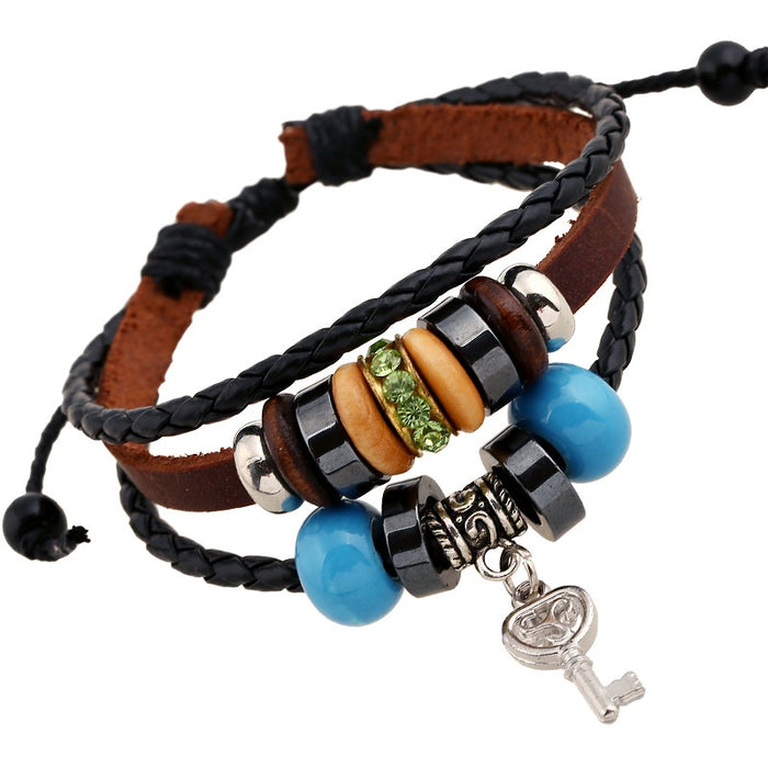 Vintage Handmade Cowhide Beaded Bracelet For Men, Ethnic Genuine Leather Wrist Rope Bangle