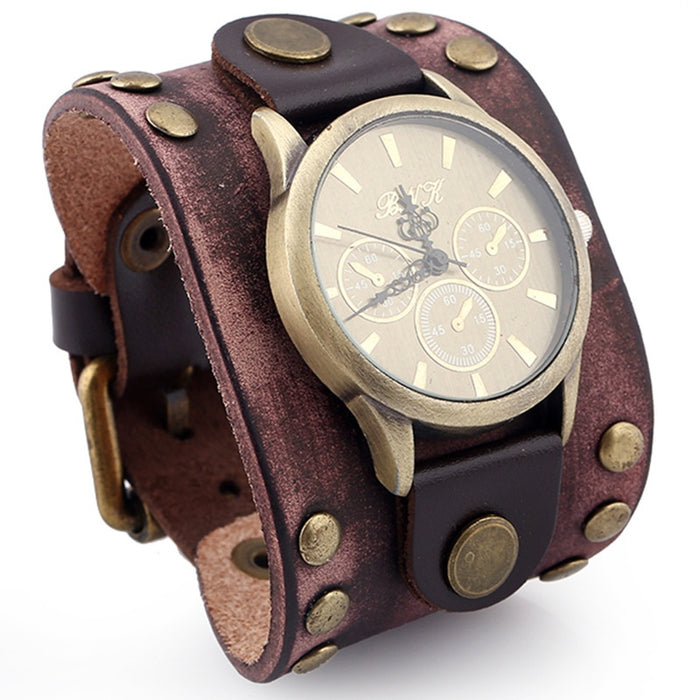 European American Punk Vintage Cowhide Bracelet Watch, Men's Wide Leather Rivet Wristband Accessory