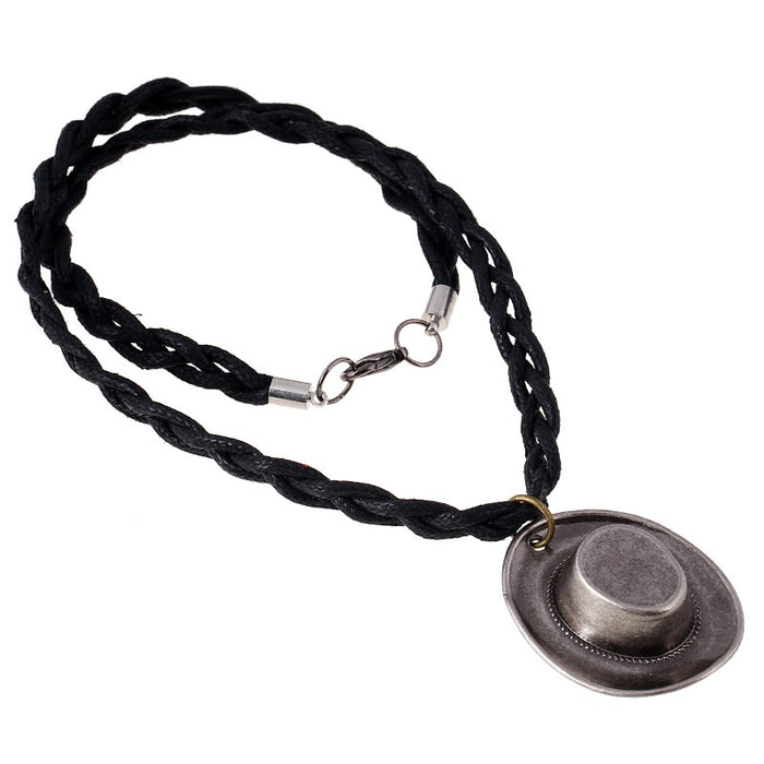 European American Punk Men Necklace With Braided Hemp Rope And Vintage Alloy Hat Pendant