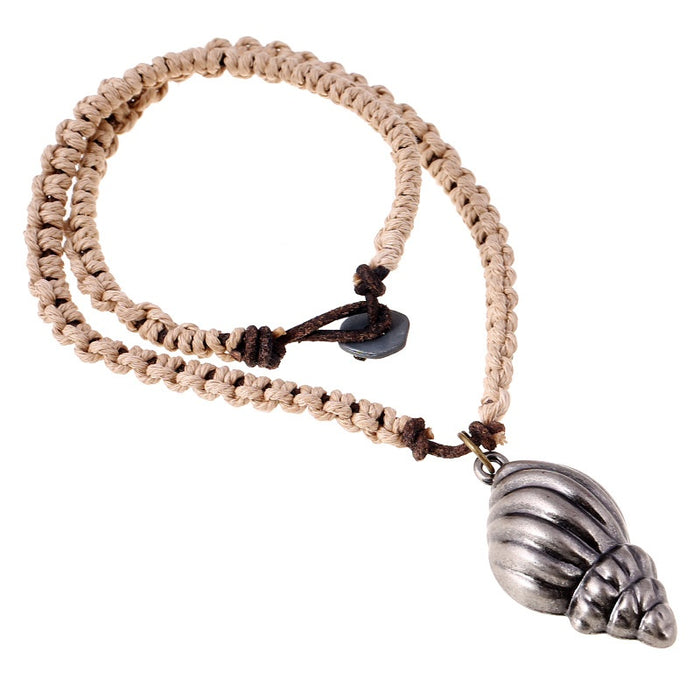 European Vintage Braided Cowhide Leather Necklace With Conch Pendant Men's Genuine Leather Jewelry