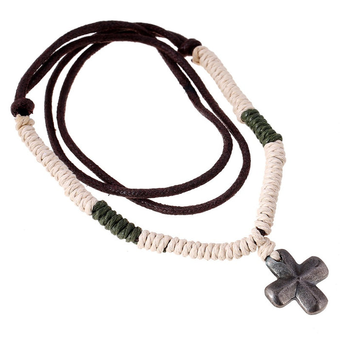 Vintage Punk Hemp Rope Braided Alloy Cross Pendant Necklace For Men Fashion Jewelry