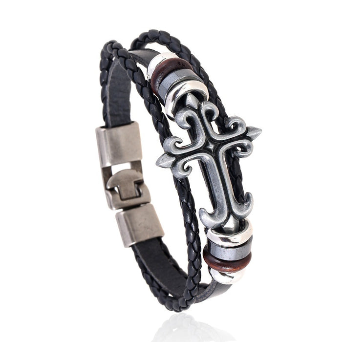 Personalized Vintage Braided Cowhide Leather Bracelet, Beaded Buckle Leather Wristband Jewelry
