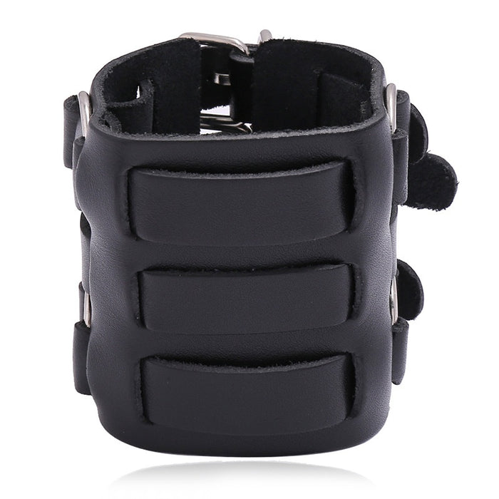 Punk Rock Exaggerated Double Layer Cowhide Leather Bracelet Adjustable Wide Leather Bangle For Men