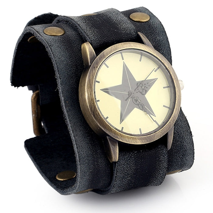 European American Punk Vintage Genuine Leather Bracelet Watch For Men Cowhide Wristband