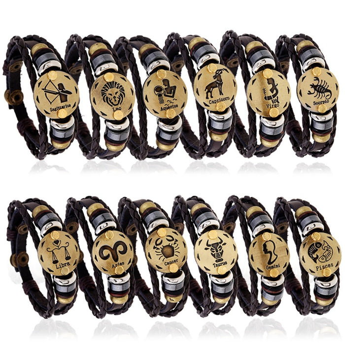 Beaded 12 Zodiac Cowhide Leather Bracelet, Adjustable Braided Birthday Gift Fashion Wristband