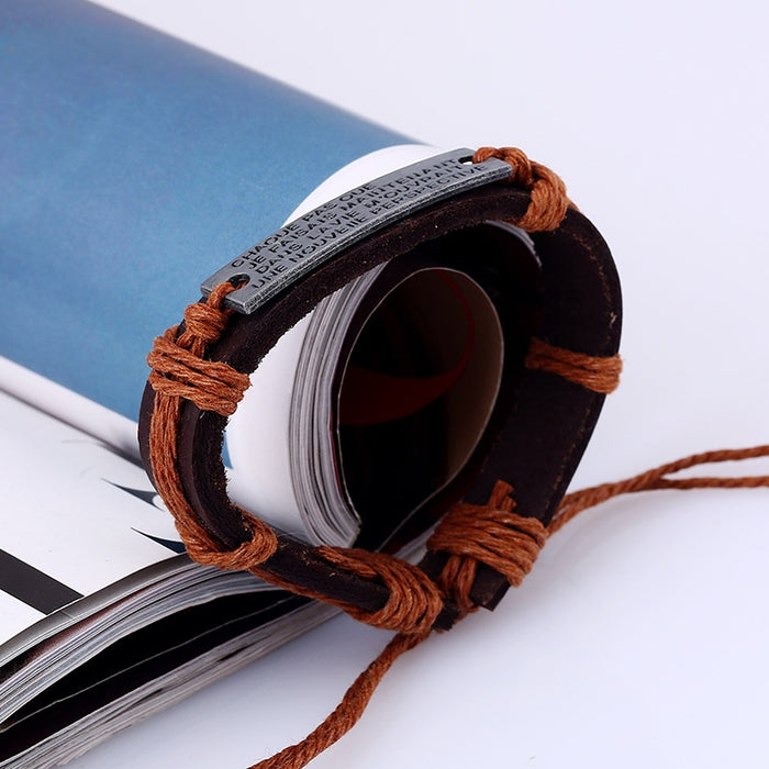 Punk Braided Genuine Leather Bracelet With English Letter Plate European American Fashion Jewelry