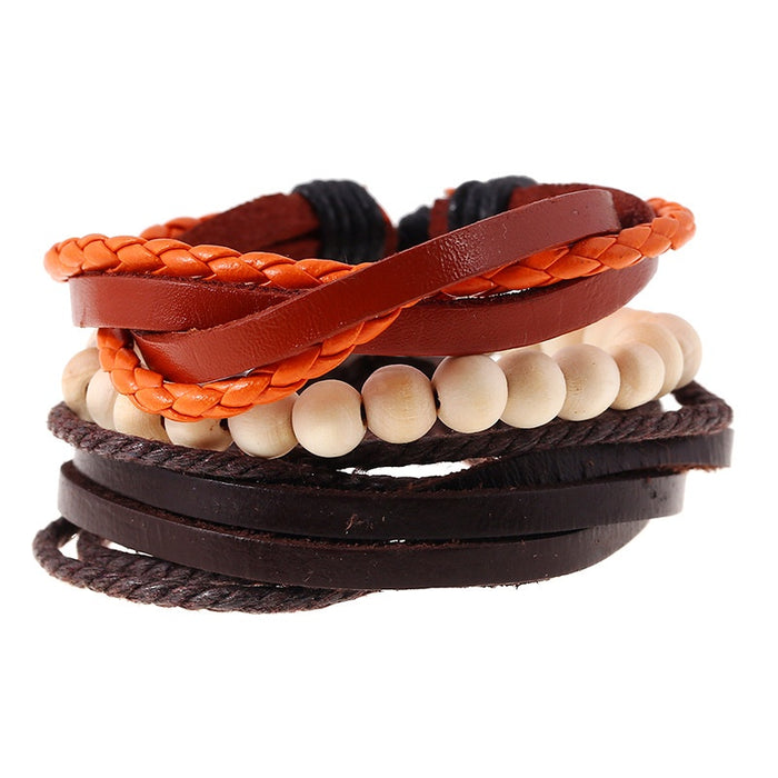 Simple Vintage Braided Cowhide Leather Bracelet, Multi Layer Genuine Leather Rope Bracelet Set
