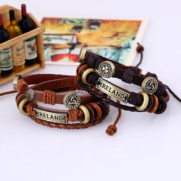 Punk Beaded Genuine Leather Braided Bracelet Vintage Cowhide Leather Wristband