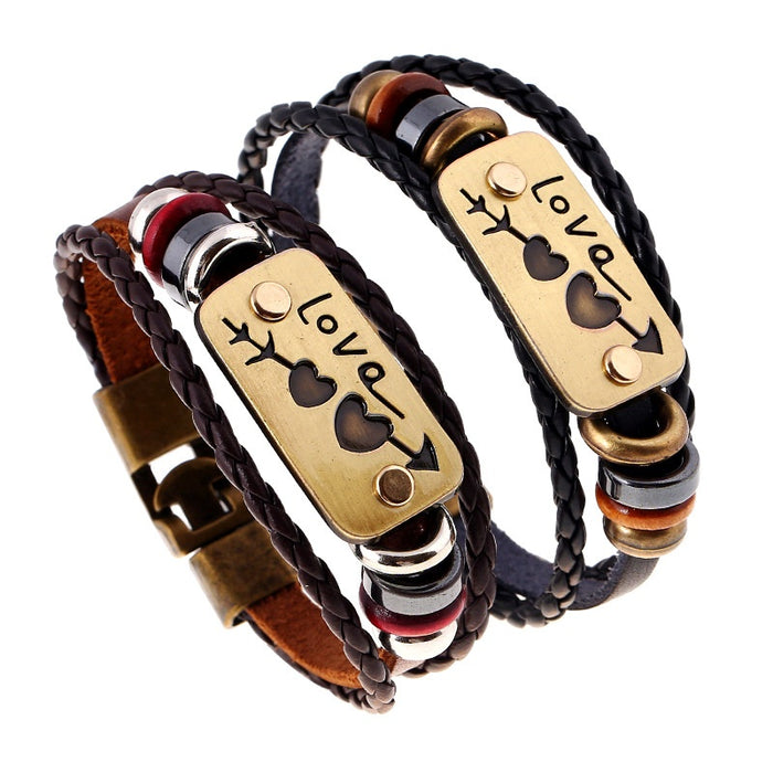 Korean Style Braided Cowhide Couple Bracelet With Arrow Through Heart Charm Valentine Gift