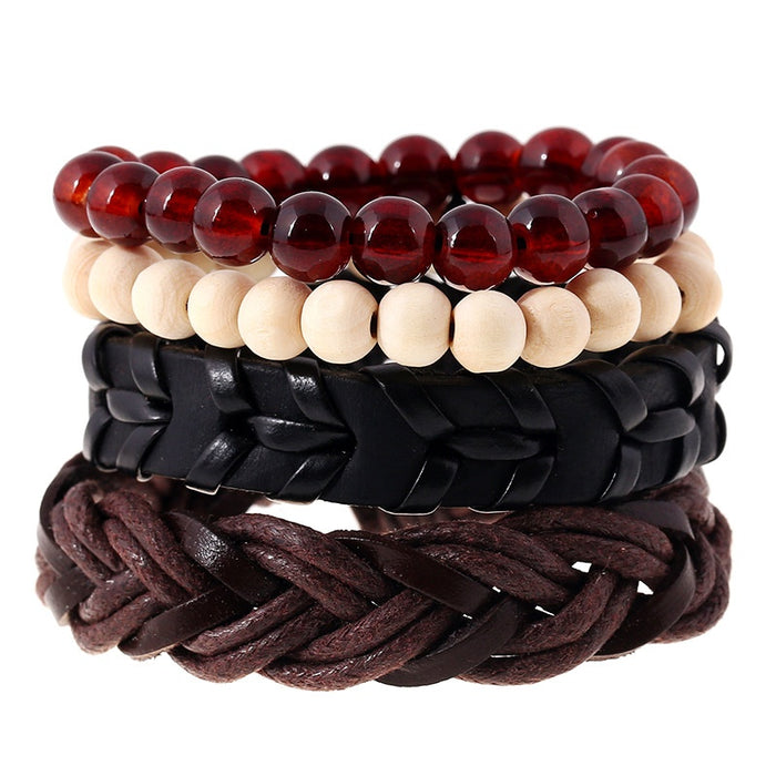 Simple Vintage Braided Cowhide Leather Bracelet DIY 4 Piece Set, Leather Wristband Jewelry