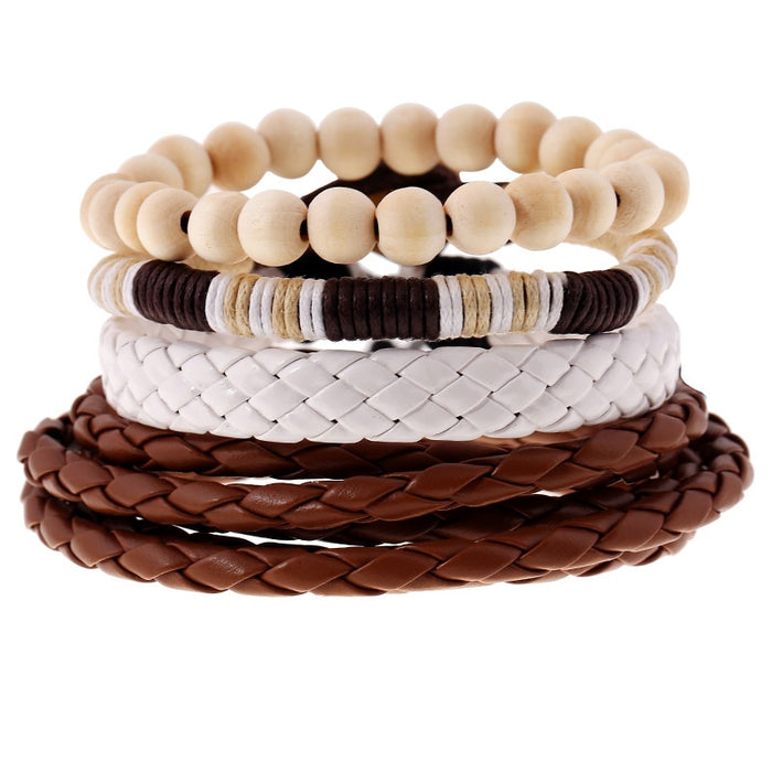 European Simple Vintage Braided Faux Cowhide Bracelet Multi Layer PU Leather Wood Bead Men's Bracelet