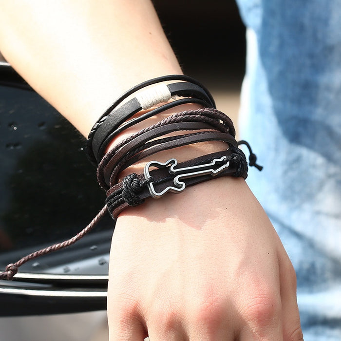European Vintage Braided Cowhide Leather Bracelet Set With Alloy Guitar Charm, Multi Layer Jewelry