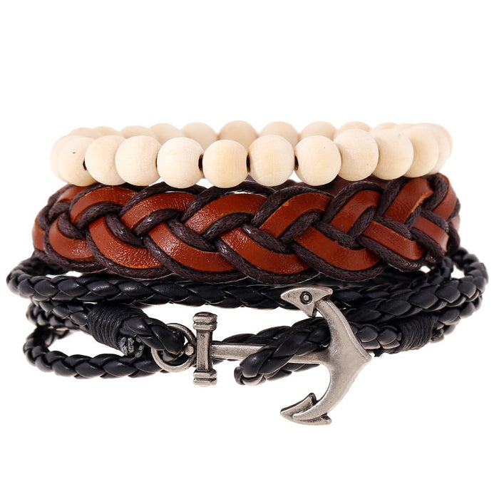 Navy Style Vintage Braided Cowhide Genuine Leather Multi Layer Nautical Bracelet With Alloy Charm