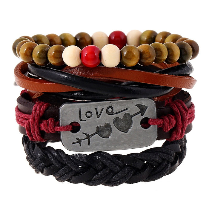 European American Vintage Braided Cowhide Multi Layer Couple Bracelet With Arrow Heart Charm