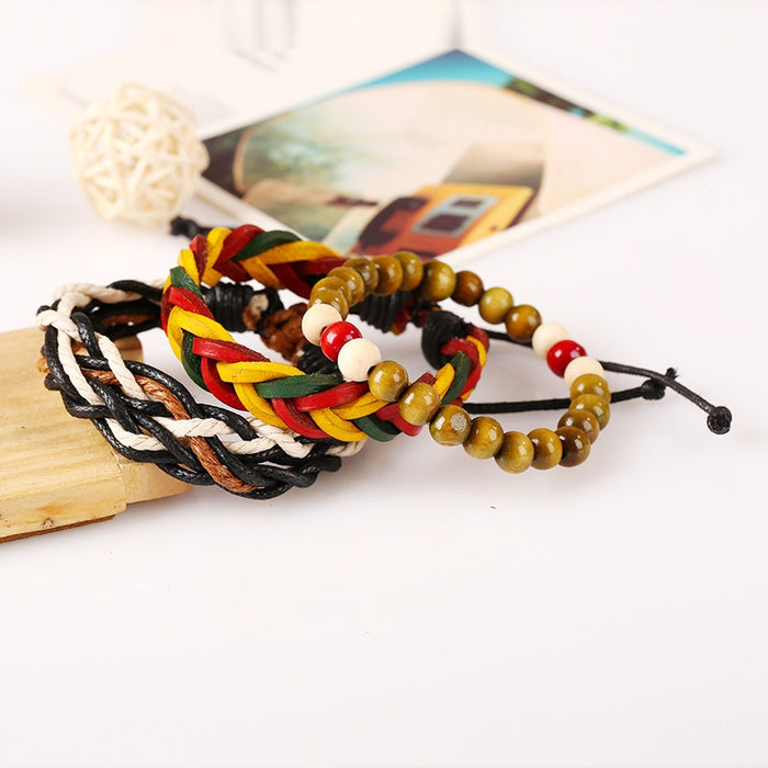 Simple Jamaica Red Yellow Green Braided Cowhide Bracelet For Men, Hip Hop Street Dance DIY 3 Piece Set