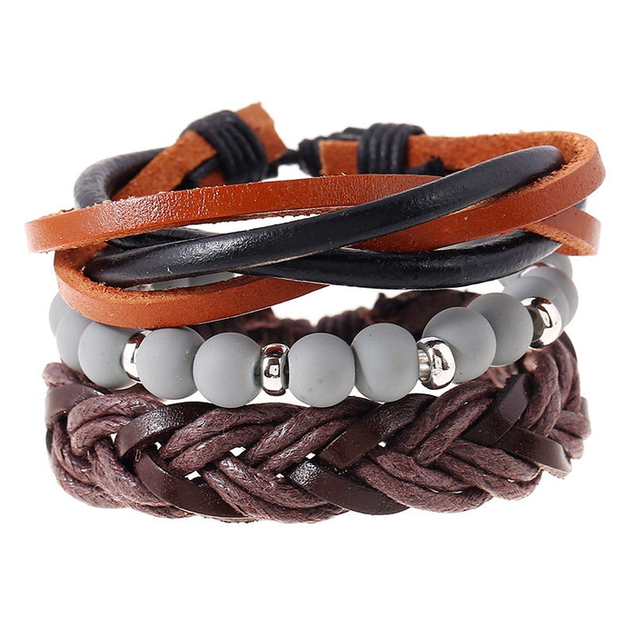 European American Simple DIY Vintage Braided Cowhide Multi Layer Genuine Leather Bracelet Set