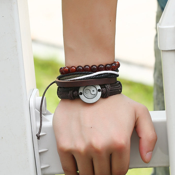 European American Simple Vintage Braided Cowhide Bracelet Alloy Bagua Genuine Leather Multilayer Set