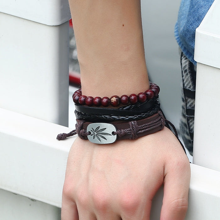 European American Simple Vintage Braided Cowhide Bracelet Alloy Maple Leaf Genuine Leather Multilayer Set
