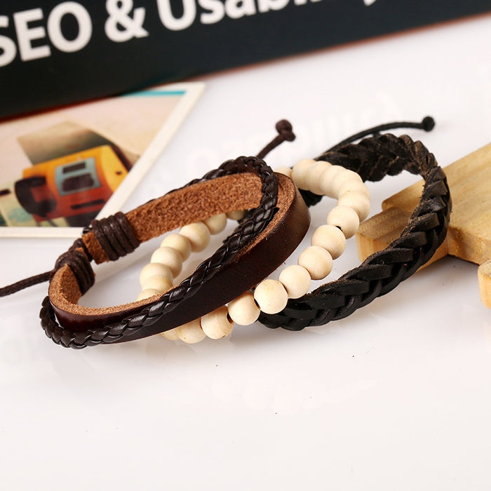 European American Simple Vintage Braided Cowhide Leather Bracelet DIY Three Piece Set