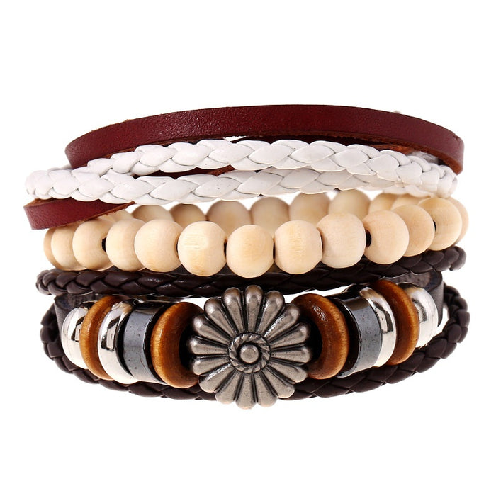 European American Simple Retro Braided Genuine Leather Multi Layer Bracelet Set For Women