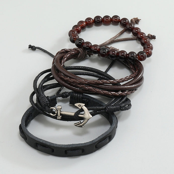 DIY Vintage Woven Cowhide Leather Anchor Bracelet Set Multilayer Nautical Wristband