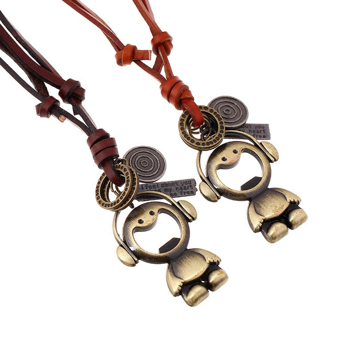 Korean Retro Unisex Long Genuine Leather Cord Sweater Necklace With Cartoon Alloy Pendant