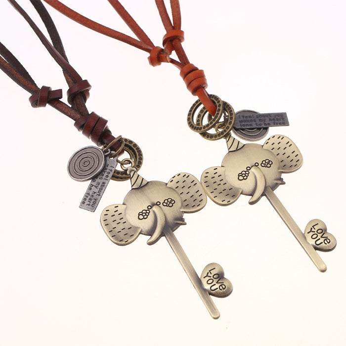 Korean Retro Long Genuine Leather Cord Sweater Necklace With Alloy Elephant Nose Pendant