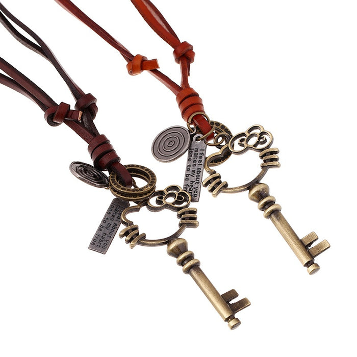 Korean Retro Unisex Long Genuine Leather Cord Necklace With Personalized Alloy Key Pendant