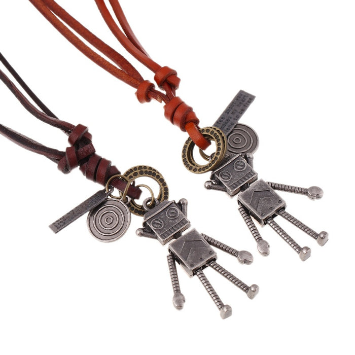 Vintage Long Robot Cowhide Leather Necklace For Women, European Style Sweater Chain
