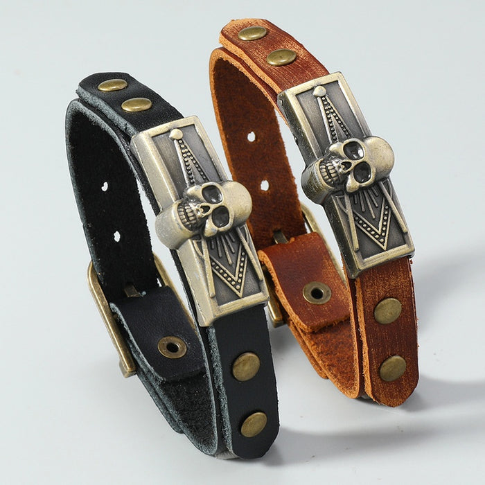 Simple European Style Alloy Skull Cowhide Leather Bracelet Halloween Personality Wristband