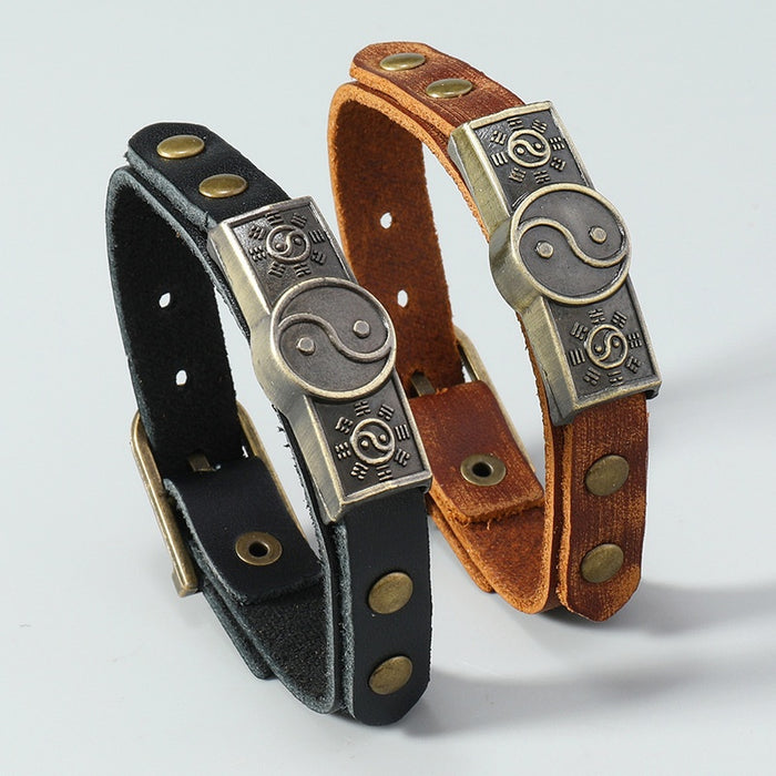 Minimal New Chinese Style Tai Chi Genuine Leather Bracelet Yin Yang Bagua Couple Jewelry