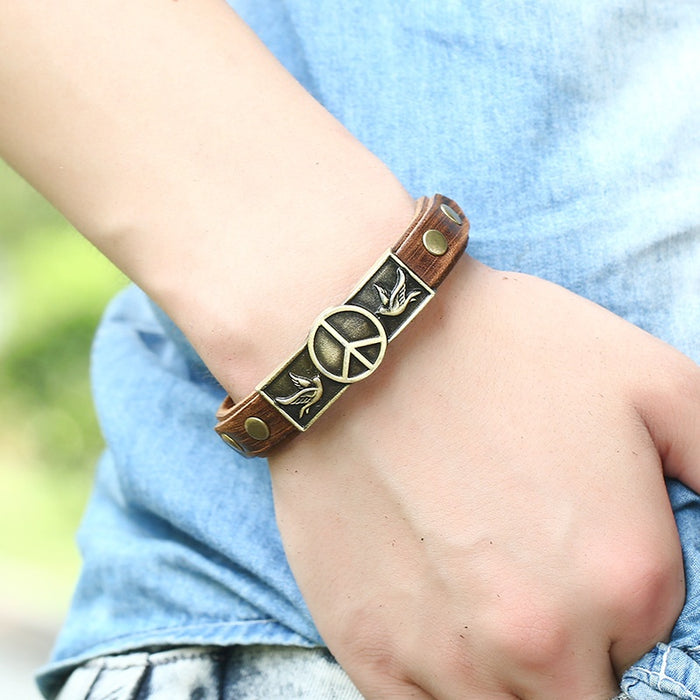 Vintage Peace Sign Cowhide Leather Bracelet Simple Multilayer Men's Jewelry Accessory