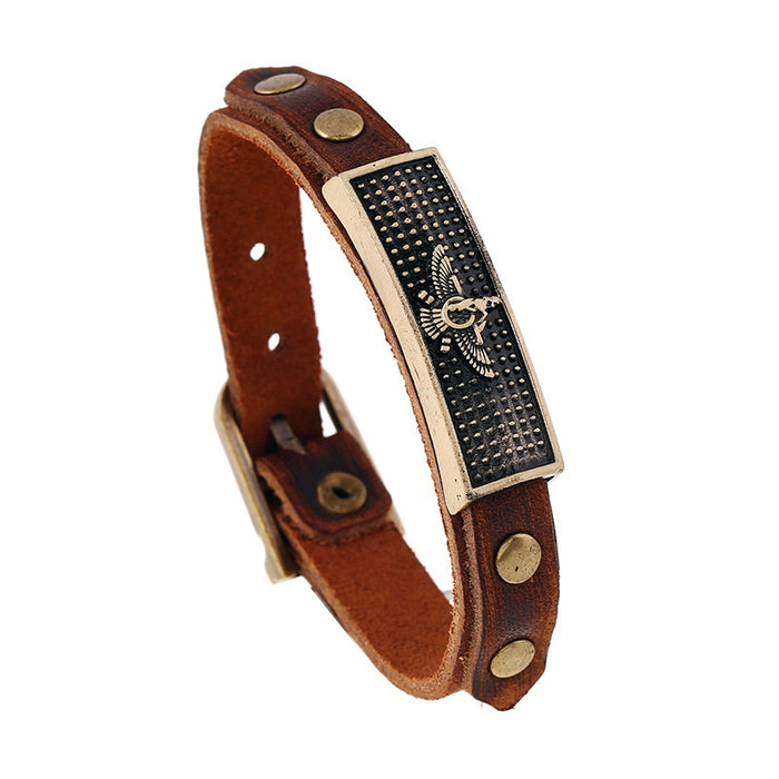 Vintage Punk Alloy Cowhide Leather Bracelet Adjustable European Genuine Leather Wristband Bangle