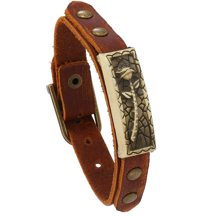 Vintage Alloy Rose Genuine Cowhide Leather Bracelet For Men Adjustable Braided Cuff Bangle