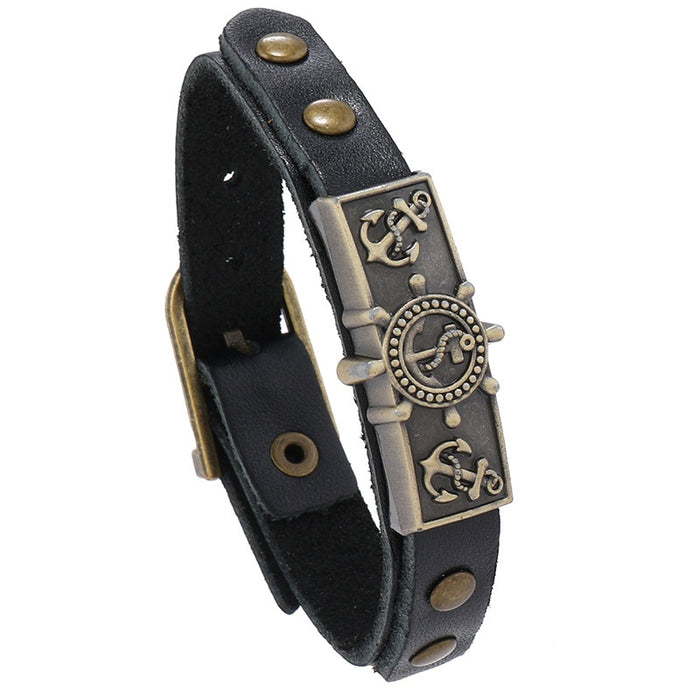 Punk Vintage Alloy Anchor Helm Cowhide Leather Bracelet Adjustable Ocean Style Wristband