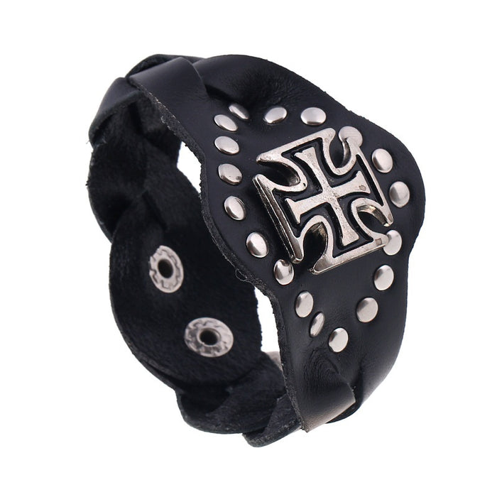 Punk Cowhide Leather Bracelet With Studs Cross And Braided Wide Cuff For Men's Accessories