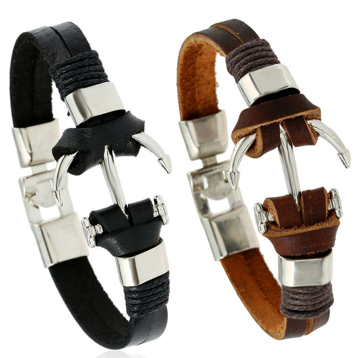Vintage Handmade Braided Anchor Cowhide Leather Bracelet For Couples Jewelry