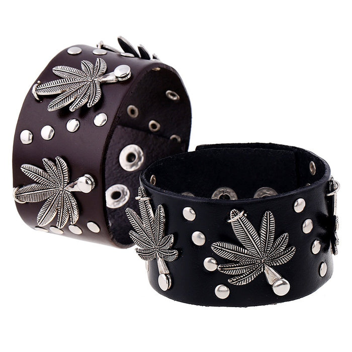Punk Men's Genuine Cowhide Wide Leather Bracelet With Studs And Maple Leaf Jewelry Accessory