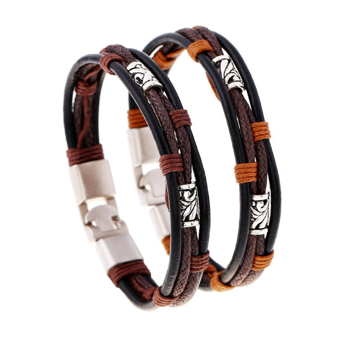 European American Vintage Handmade Braided Cowhide Leather Bracelet With Alloy Accent