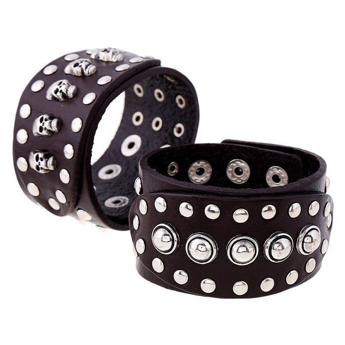 Vintage Punk Wide Cowhide Leather Bracelet For Men, Rivet Skull Genuine Leather Wristband