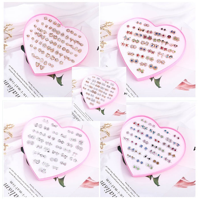 Elegant Korean Rhinestone Alloy Mini Stud Set In Heart Shaped Plastic Display Box Earrings